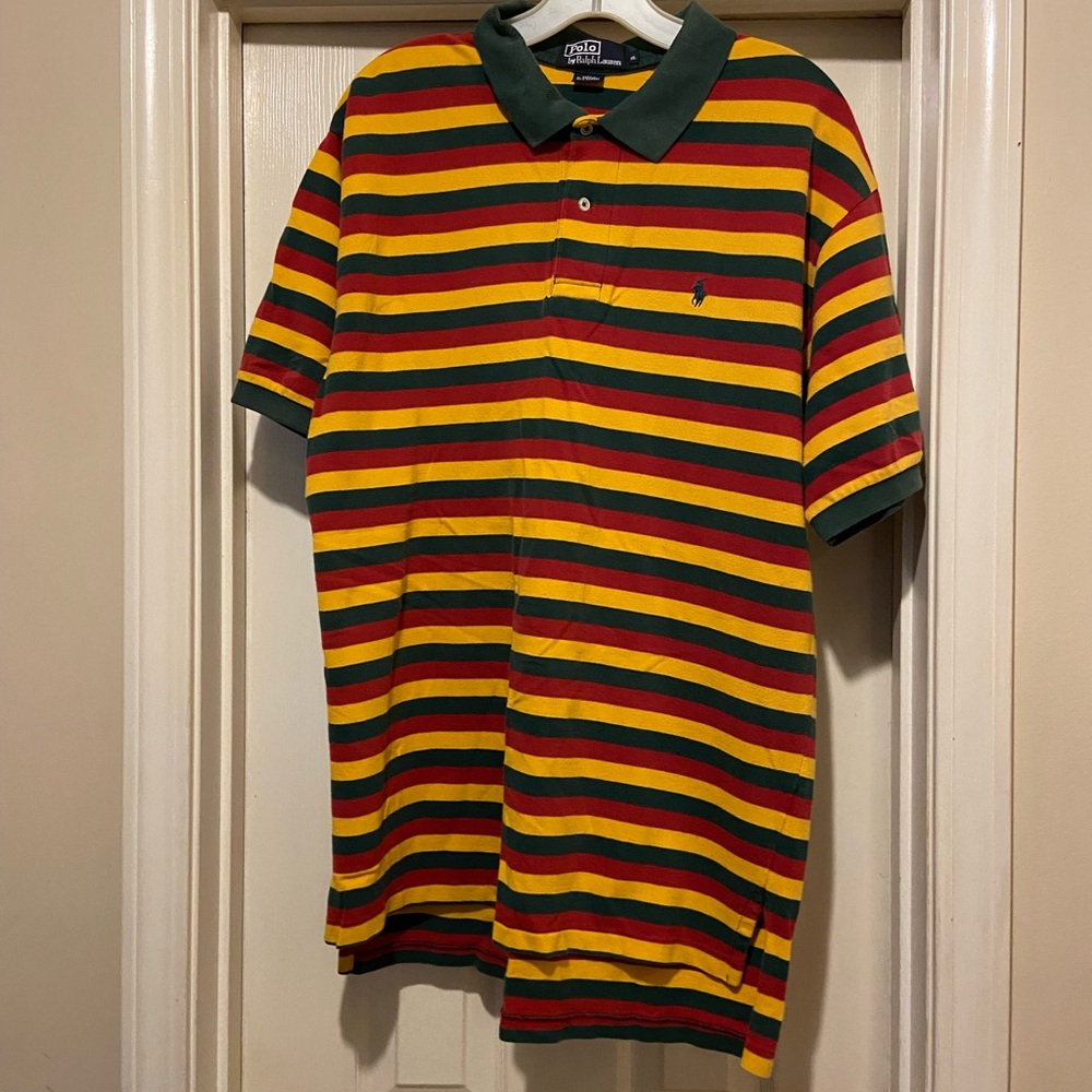 Ralph Lauren Men's Polo Shirt - Red, Yellow, Green Stripes